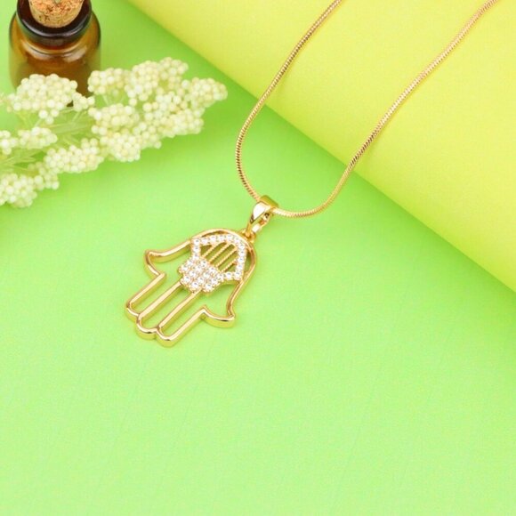 "Rose Gold Hamsa Hand Pendant with Sparkling Stone Detailing, XPPT1231 - Picture 4 of 13